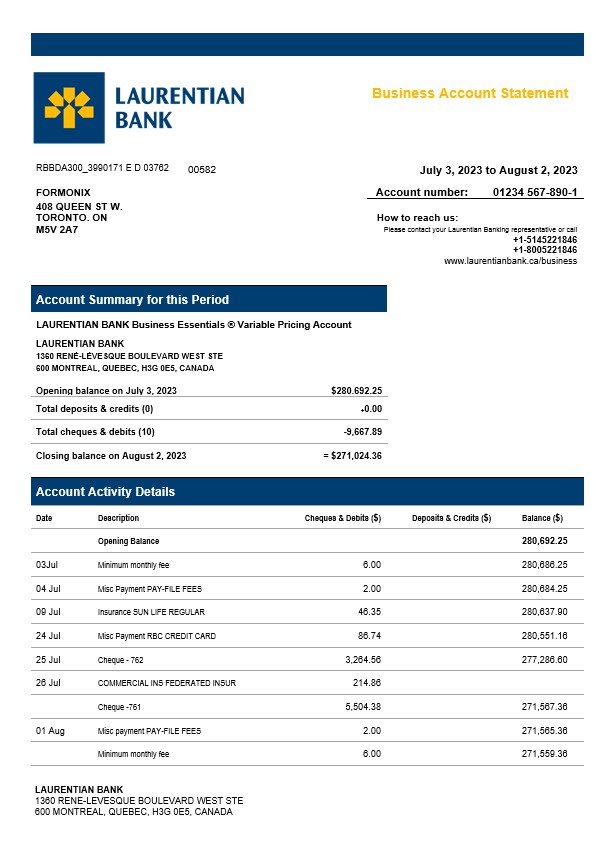 Modèle Word et PDF de relevé de compte d'entreprise Banque Laurentienne